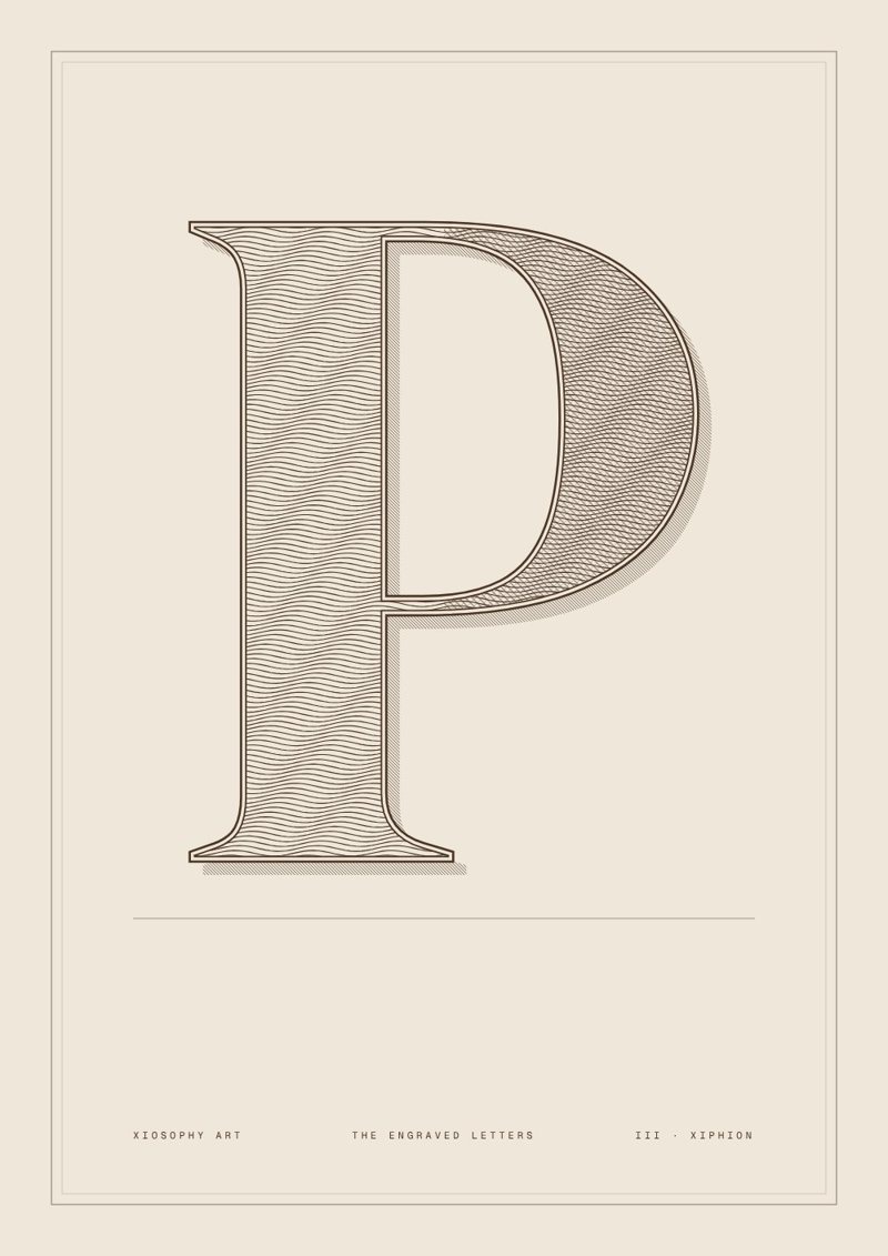 Plate III, the letter P, guilloché wave in sepia