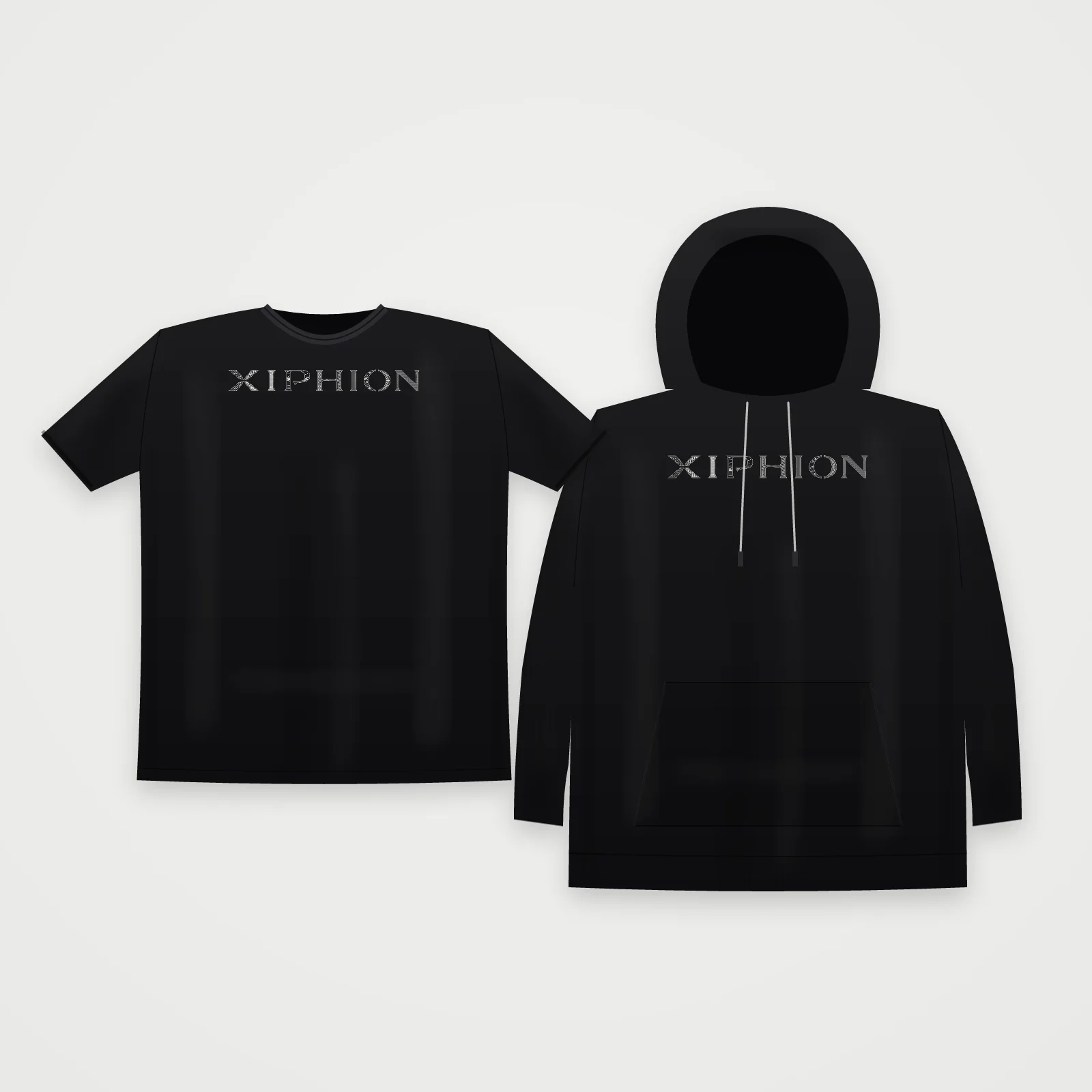 XIPHION Triptych on a black tee and a black hoodie